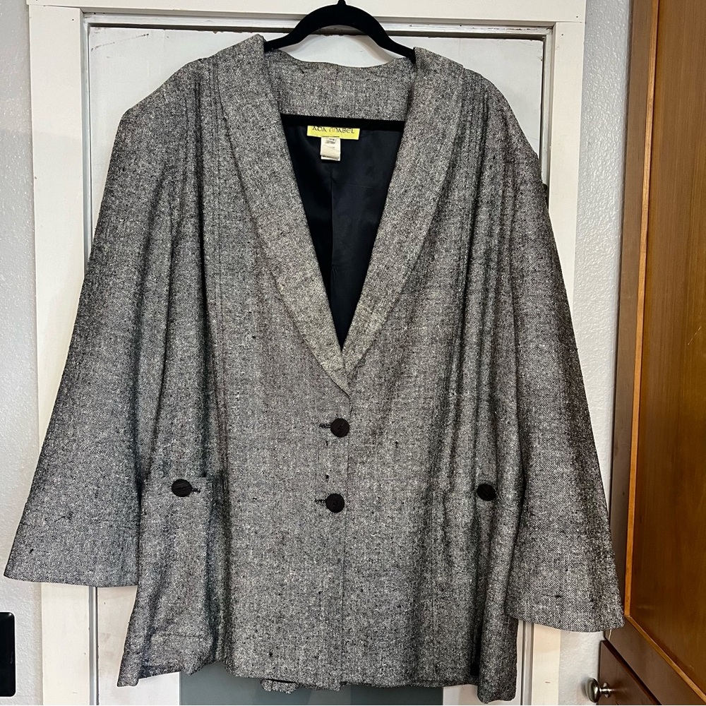 Ada Mabel Blazer Women 3X Black White Silk Woven V-neck Collar 3/4 Pocket Button